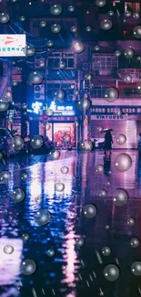 Neon-lit city street under rain with reflections