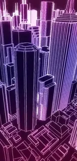 Vibrant neon cityscape with pink and purple skyscrapers against a dark background.