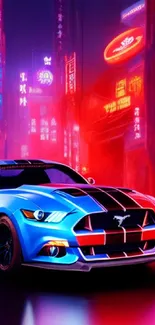 Vibrant neon cityscape with a blue sports car.