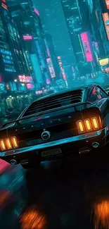 Classic car racing through neon-lit city streets at night.
