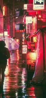 A person walks down a neon-lit city street at night with reflections from the rain.