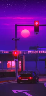 Mobile wallpaper featuring a neon city street at sunset with vivid purple and pink hues.