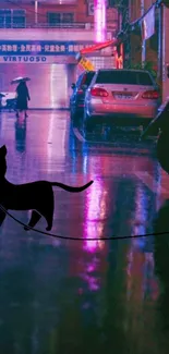 Neon-lit city street at night with cat silhouette and reflections.