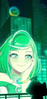 Anime character in neon city at night with green and cyan hues.