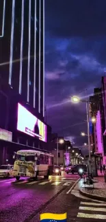 Vibrant city street with neon lights at dusk.