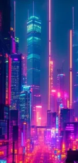 Futuristic neon cityscape with glowing skyscrapers at night.