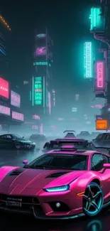 Neon-lit street with a sleek car in a vibrant cityscape featuring glowing signs.