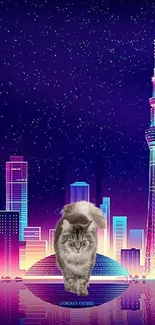 Neon cityscape with a majestic cat centered on a colorful skyline background.