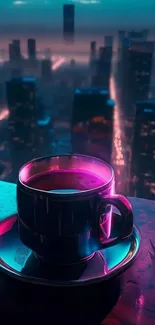 A vibrant neon-lit cityscape with a coffee cup on a ledge.