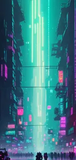 Futuristic neon-lit cyberpunk cityscape illustration.