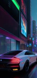 Futuristic city with neon lights and lightning in the night sky.