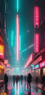 Futuristic neon-lit city street with vibrant colors.