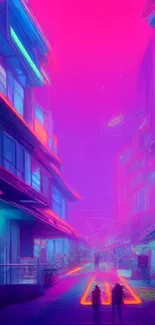 Futuristic neon city street scene in pink and purple hues.