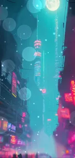 Neon cityscape with tall skyscrapers and glowing lights at night.