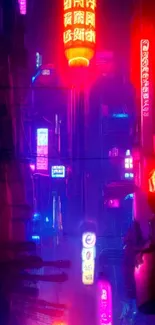 Neon cityscape with vibrant pink and blue lights illuminating urban street signs.