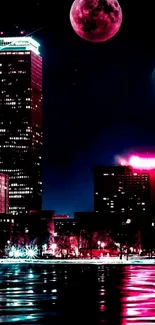 Neon-lit cityscape under full moon at night with vibrant pink hues.