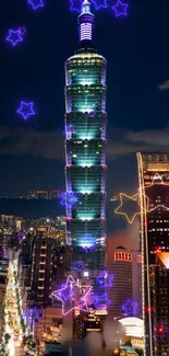 Neon cityscape with star accents at night, featuring skyscrapers.