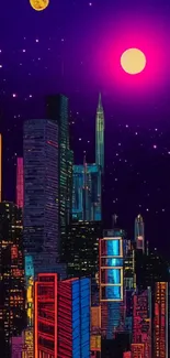 Vibrant neon cityscape with a starry night sky.