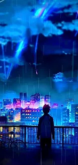 Silhouette overlooking a neon-lit city under a vibrant night sky.