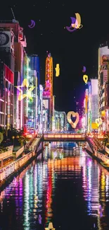 Vibrant neon cityscape with colorful lights reflecting in the river at night.