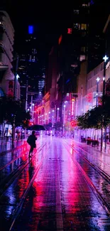 Neon-lit city street at night with reflections creating a colorful urban scene.