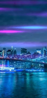 Vibrant neon-lit cityscape with bridge at night.