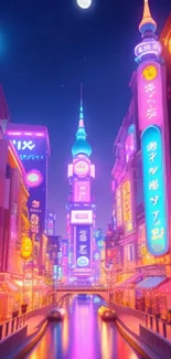 Futuristic neon cityscape at night with moonlit sky.