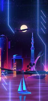 Futuristic neon cityscape at night with vibrant colors.