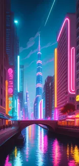 Neon cityscape wallpaper featuring bright skyscrapers at night.