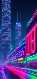 Neon-lit cityscape mobile phone wallpaper with vibrant urban scenery.