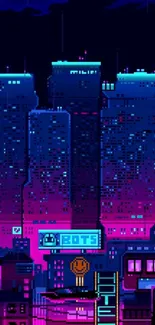 Neon pixel art cityscape with glowing skyscrapers.