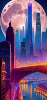 Futuristic neon cityscape with full moon.