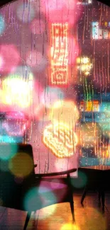 Neon-lit city seen through a round window with rain drops at night.