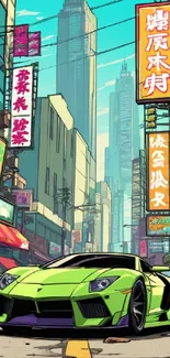 Vibrant cityscape with neon signs and a sleek green sports car.