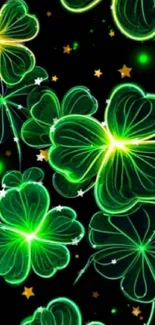 Neon green clovers with stars on a black background.