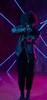 Stylish dancer in a neon-lit club atmosphere, featuring vibrant blue and pink lighting.