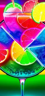 Vibrant neon cocktail with citrus slices in bright colors.