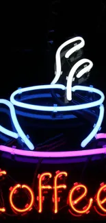 Vibrant neon coffee cup with steam in bright colors on a dark background.