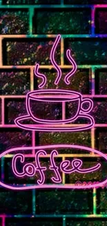 Neon pink coffee cup on a brick wall.