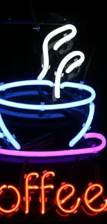 Neon sign depicting a steaming coffee cup.