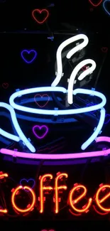 Bright neon coffee cup in colorful lights.