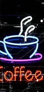 Vibrant neon sign of steaming coffee cup on dark background