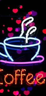 Vibrant neon coffee cup sign with steam in bold colors.