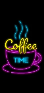 Neon coffee cup with colorful steam on a black background.