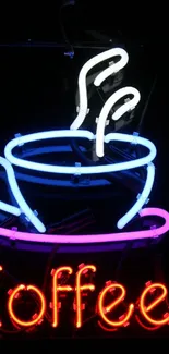 Vibrant neon sign depicting a steaming coffee cup.