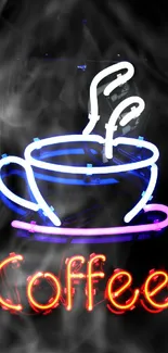 Neon sign of a coffee cup with steam. Bright and vibrant colors on a black background.