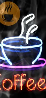 Neon coffee cup with steam and glowing text on black background.