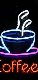 Neon coffee cup artwork with colorful vibrant glow.