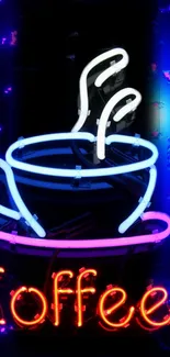 Neon coffee cup glowing with blue and red lights.