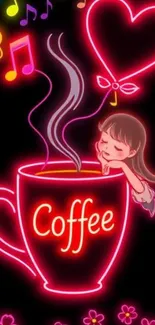 Neon art with coffee cup and whimsical elements.